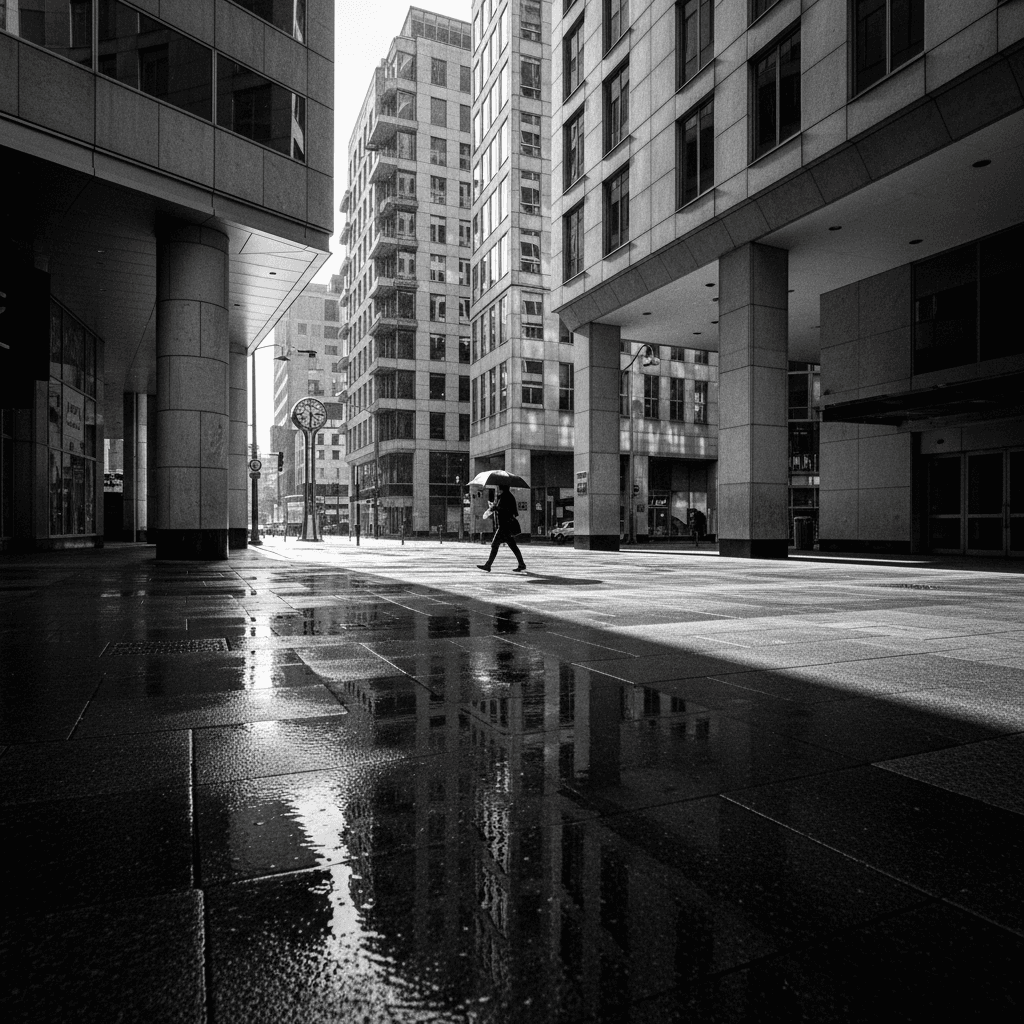 Fotografía de calle en blanco y negro con detalles arquitectónicos