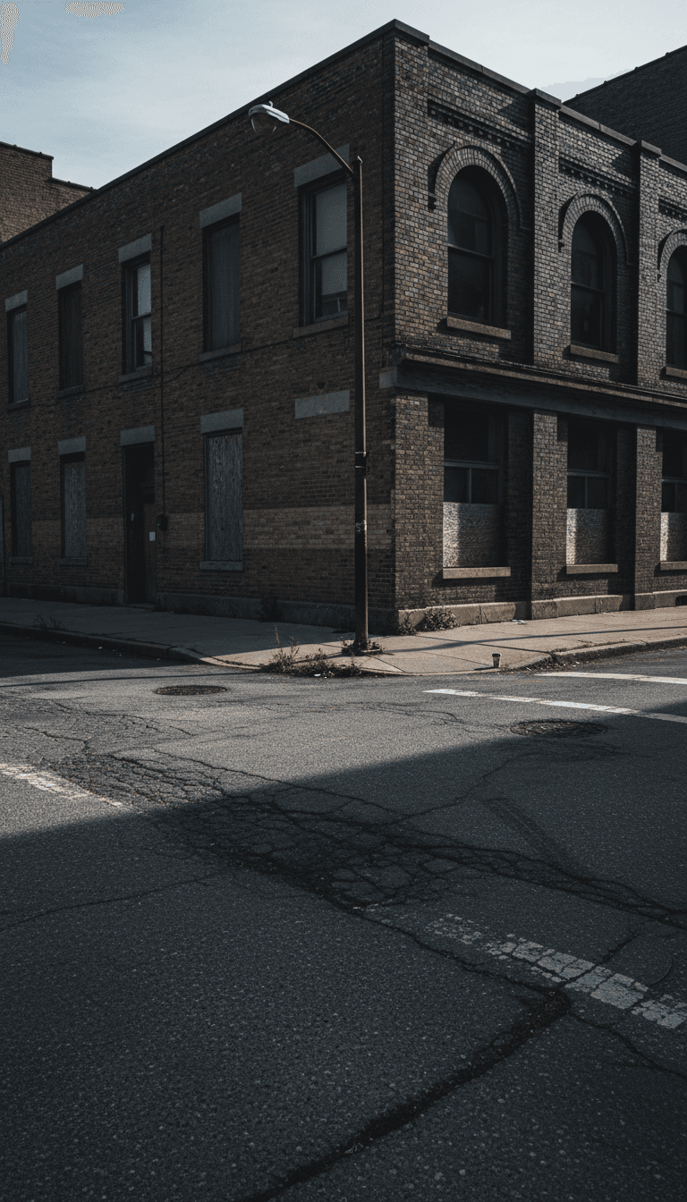 Esquina de calle urbana con asfalto desgastado y sombras oscuras
