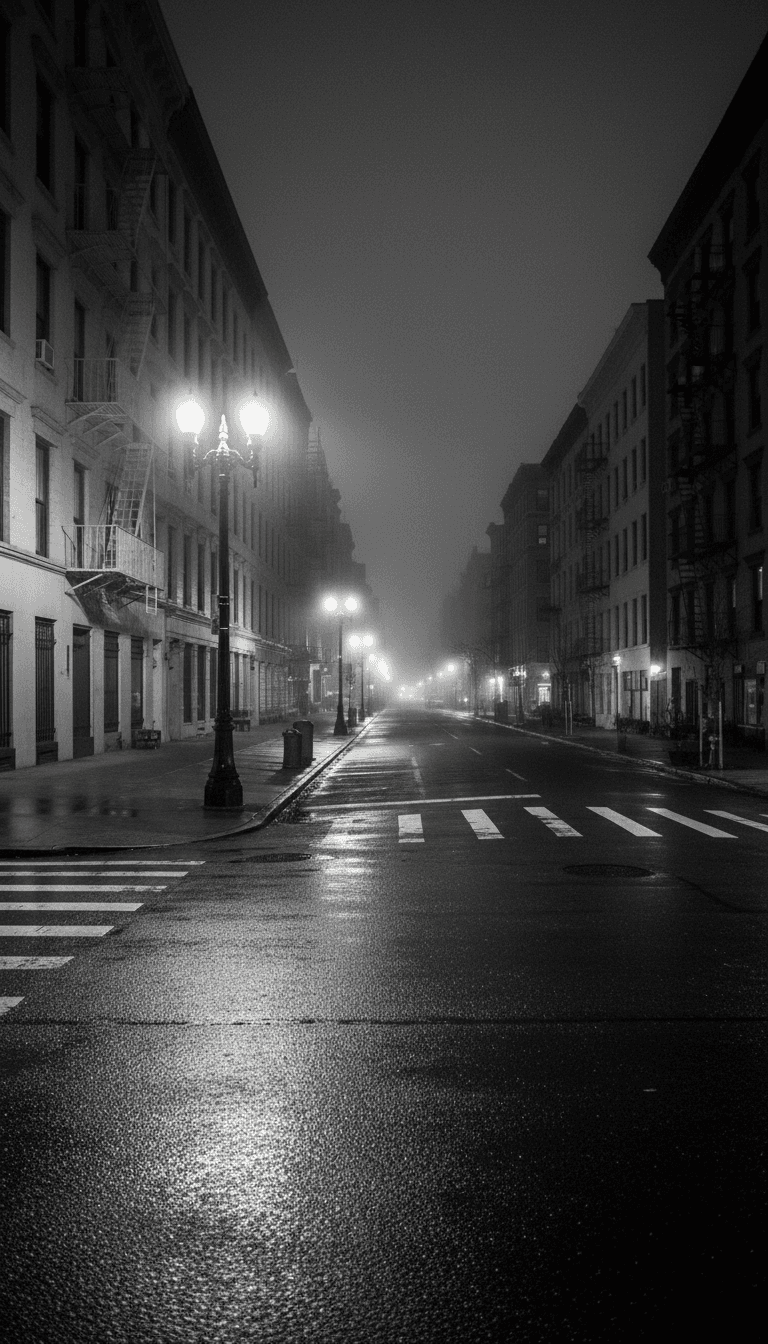 Calle urbana vacía de noche en blanco y negro