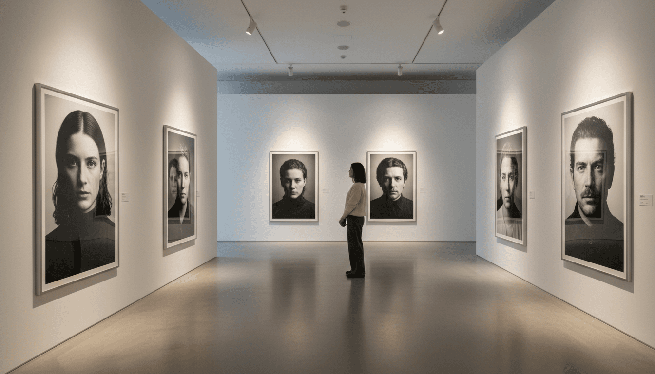 Interior de galería de arte contemporáneo con fotografía de calle minimalista en paredes