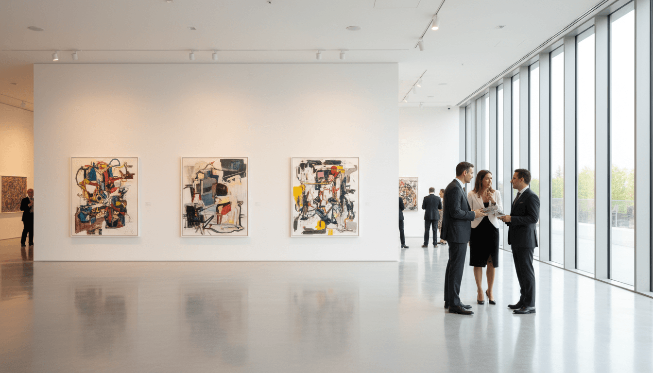 Evento de apertura de galería con público observando obras